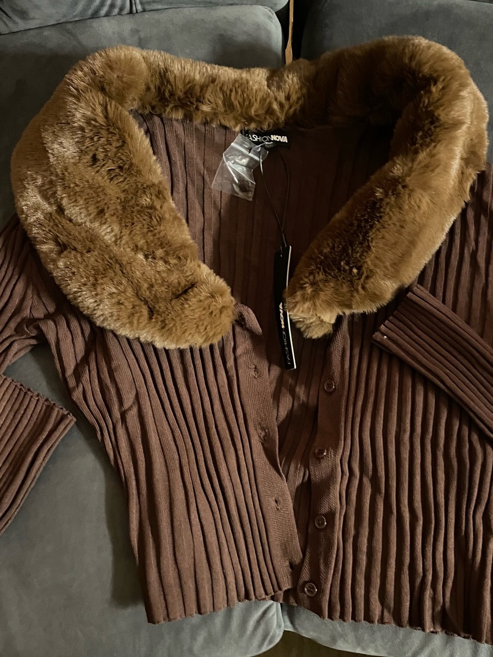 Fashion Nova Brown Ribbed Teddy Collar Button-Front Jacket